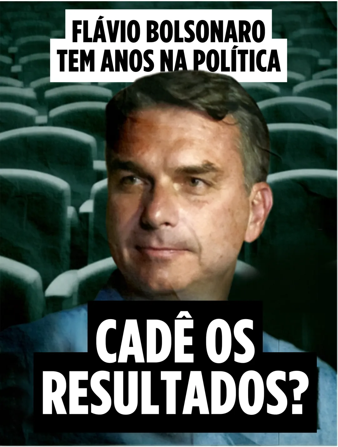 Foto de Flávio Bolsonaro diante de um plenário de cadeiras vazias. No alto, o texto: Flávio Bolsonaro tem anos na política. Embaixo: Cadê os resultados?