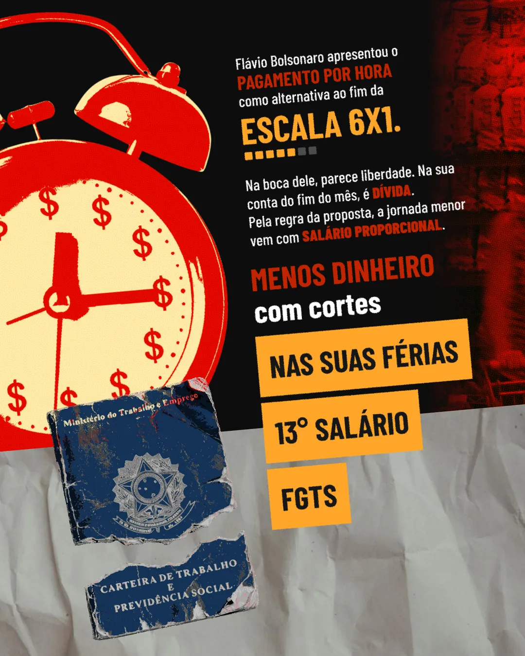 À esquerda, um despertador vermelho com cifrões no mostrador e uma carteira de trabalho azul rasgada. À direita, sobre fundo escuro: Flávio Bolsonaro apresentou o pagamento por hora como alternativa ao fim da escala 6x1. Na boca dele, parece liberdade. Na sua conta do fim do mês, é dívida. Pela regra da proposta, a jornada menor vem com salário proporcional. Embaixo, em destaque: Menos dinheiro com cortes nas suas férias, 13º salário e FGTS.