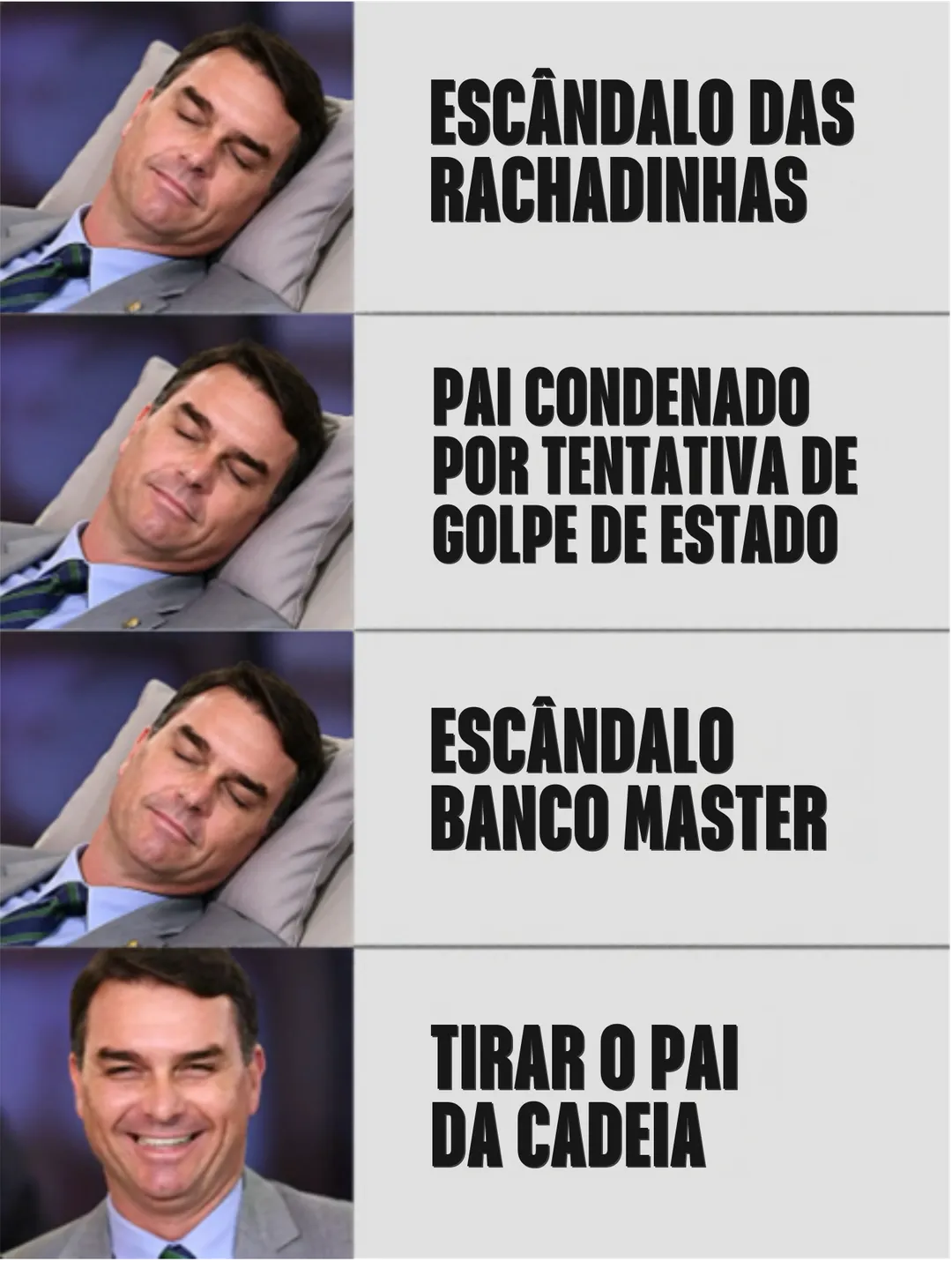 Meme em quatro quadros. Nos três primeiros, Flávio Bolsonaro dorme tranquilo ao lado das frases: Escândalo das rachadinhas; Pai condenado por tentativa de golpe de Estado; Escândalo Banco Master. No último, ele sorri acordado ao lado de: Tirar o pai da cadeia.